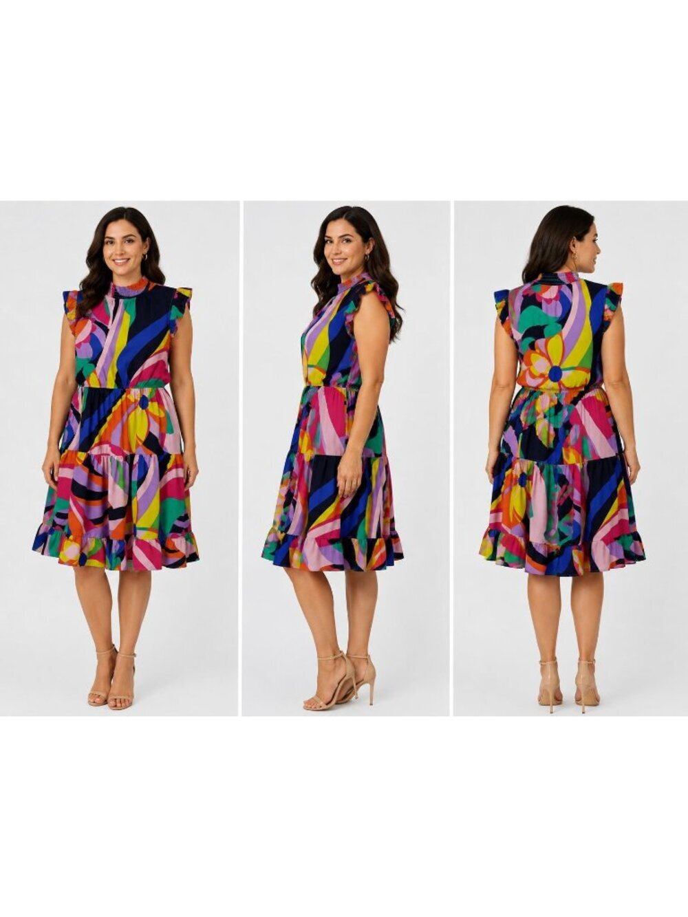 Ces Femme Colorful Abstract Print Tiered Ruffle Midi Dress Medium